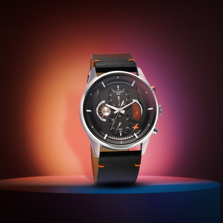 Fastrack Opulence Sun Moon Chronograph Black Dial Black Leather Strap Analog Quartz Watch For Guys 3315KL01