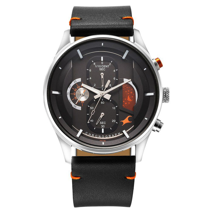 Fastrack Opulence Sun Moon Chronograph Black Dial Black Leather Strap Analog Quartz Watch For Guys 3315KL01