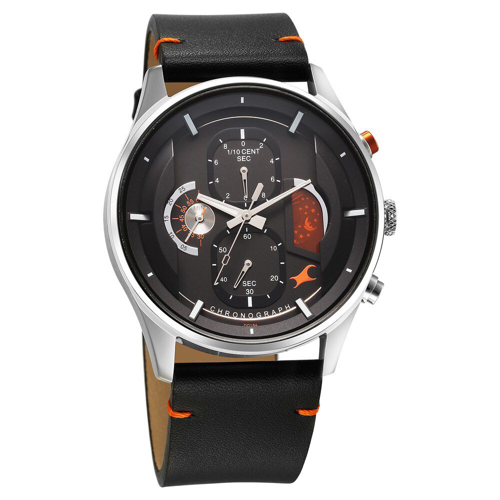 Fastrack Opulence Sun Moon Chronograph Black Dial Black Leather Strap Analog Quartz Watch For Guys 3315KL01
