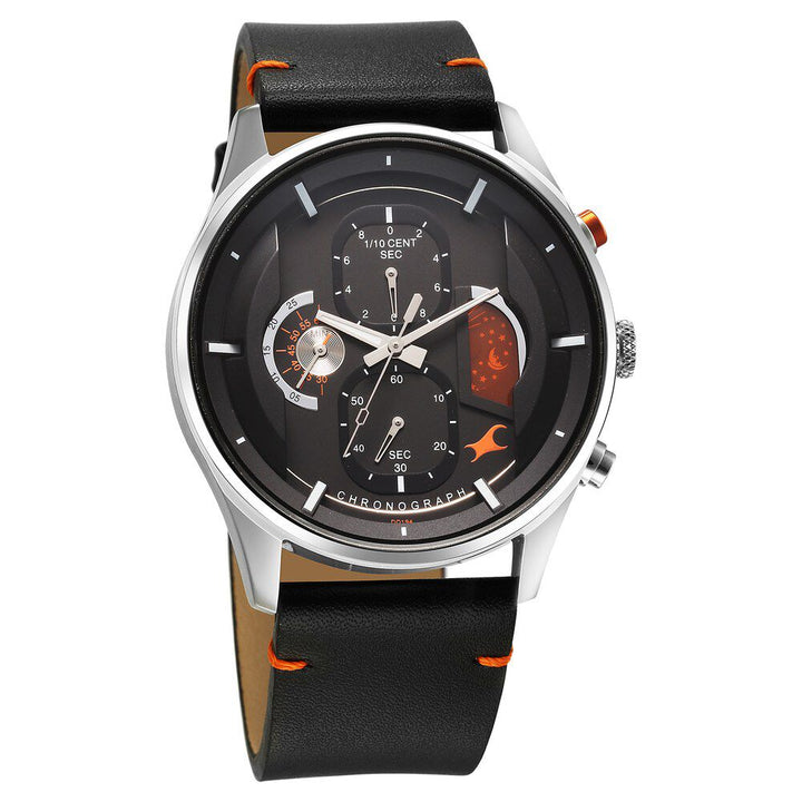 Fastrack Opulence Sun Moon Chronograph Black Dial Black Leather Strap Analog Quartz Watch For Guys 3315KL01