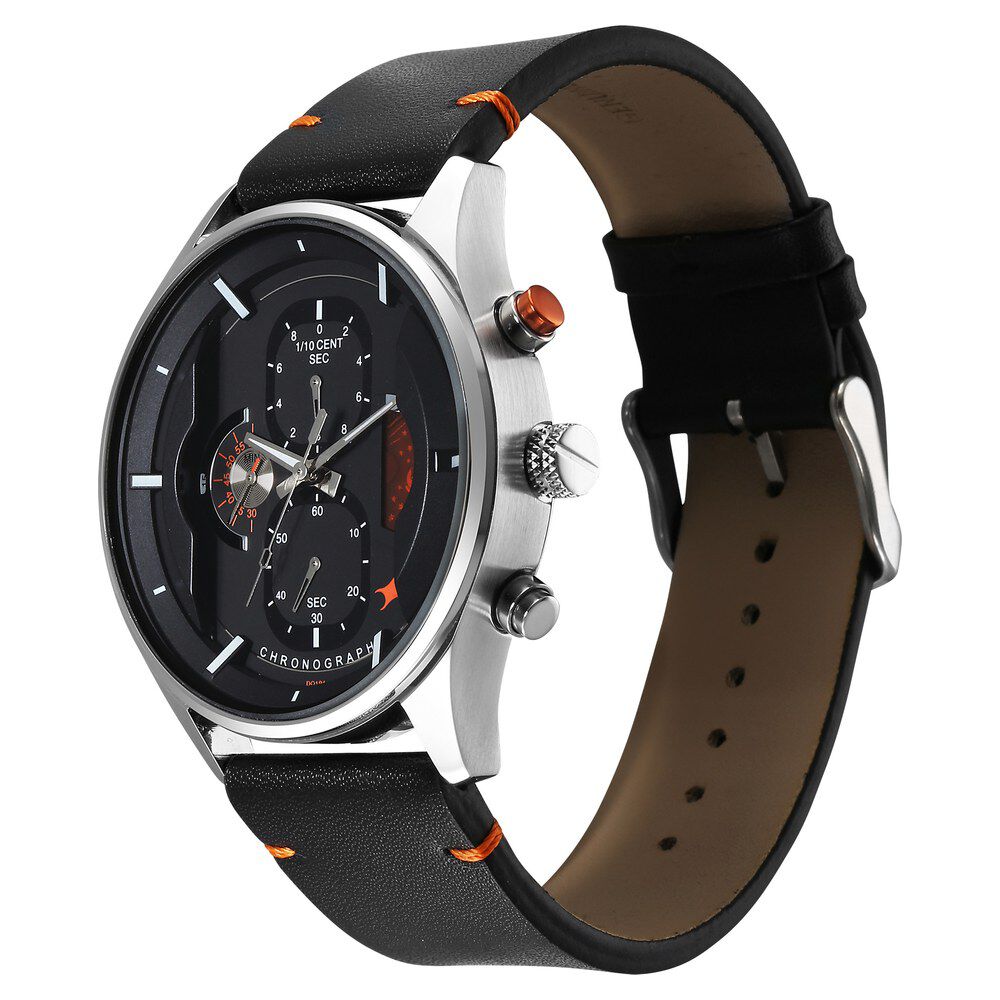 Fastrack Opulence Sun Moon Chronograph Black Dial Black Leather Strap Analog Quartz Watch For Guys 3315KL01