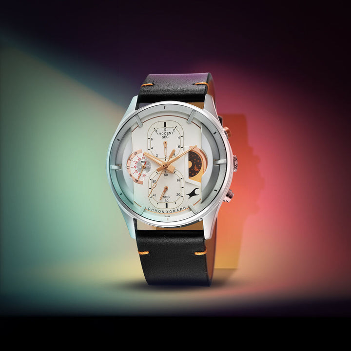 Fastrack Opulence Sun Moon Chronograph Silver Dial Black Leather Strap Analog Quartz Watch For Guys 3315KL02