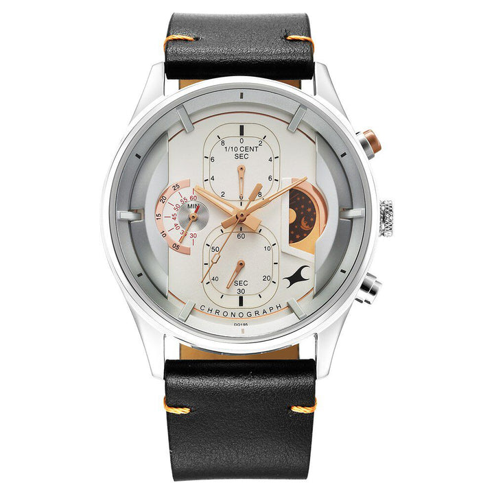Fastrack Opulence Sun Moon Chronograph Silver Dial Black Leather Strap Analog Quartz Watch For Guys 3315KL02