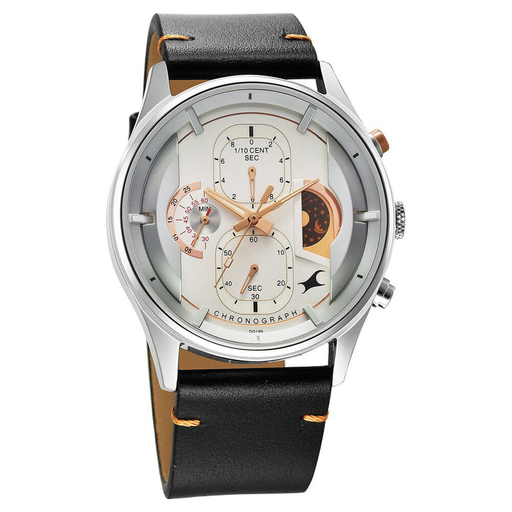 Fastrack Opulence Sun Moon Chronograph Silver Dial Black Leather Strap Analog Quartz Watch For Guys 3315KL02