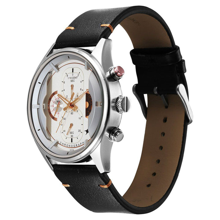 Fastrack Opulence Sun Moon Chronograph Silver Dial Black Leather Strap Analog Quartz Watch For Guys 3315KL02