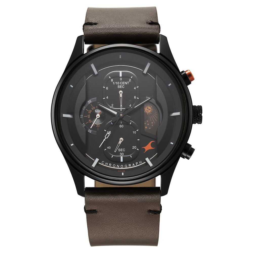 Fastrack Opulence Sun Moon Chronograph Black Dial Brown Leather Strap Analog Quartz Watch For Guys 3315KL03