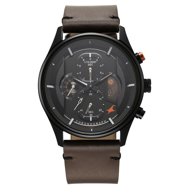 Fastrack Opulence Sun Moon Chronograph Black Dial Brown Leather Strap Analog Quartz Watch For Guys 3315KL03