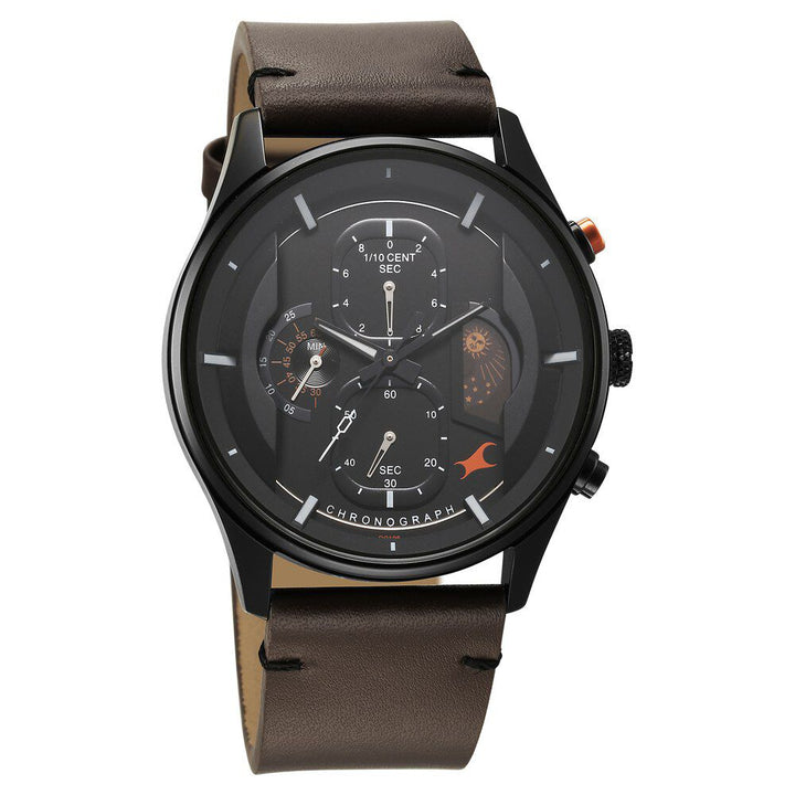 Fastrack Opulence Sun Moon Chronograph Black Dial Brown Leather Strap Analog Quartz Watch For Guys 3315KL03