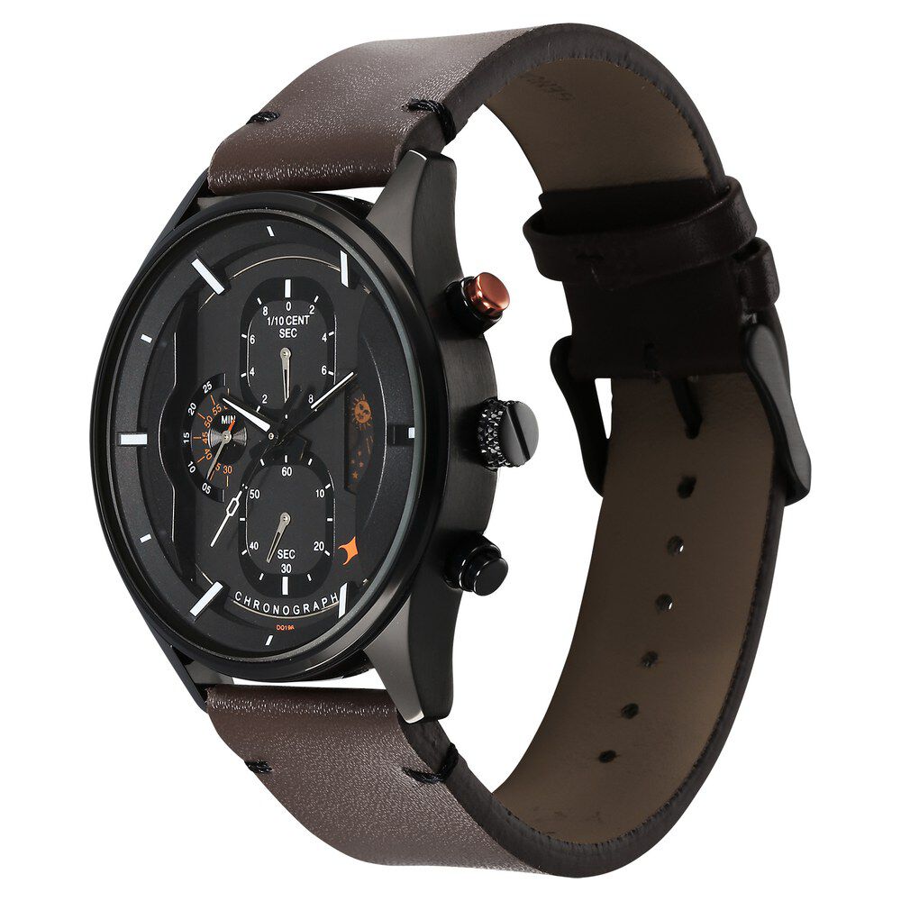 Fastrack Opulence Sun Moon Chronograph Black Dial Brown Leather Strap Analog Quartz Watch For Guys 3315KL03