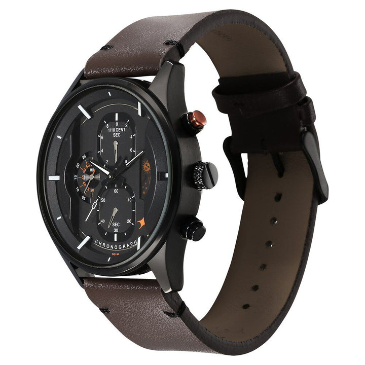 Fastrack Opulence Sun Moon Chronograph Black Dial Brown Leather Strap Analog Quartz Watch For Guys 3315KL03