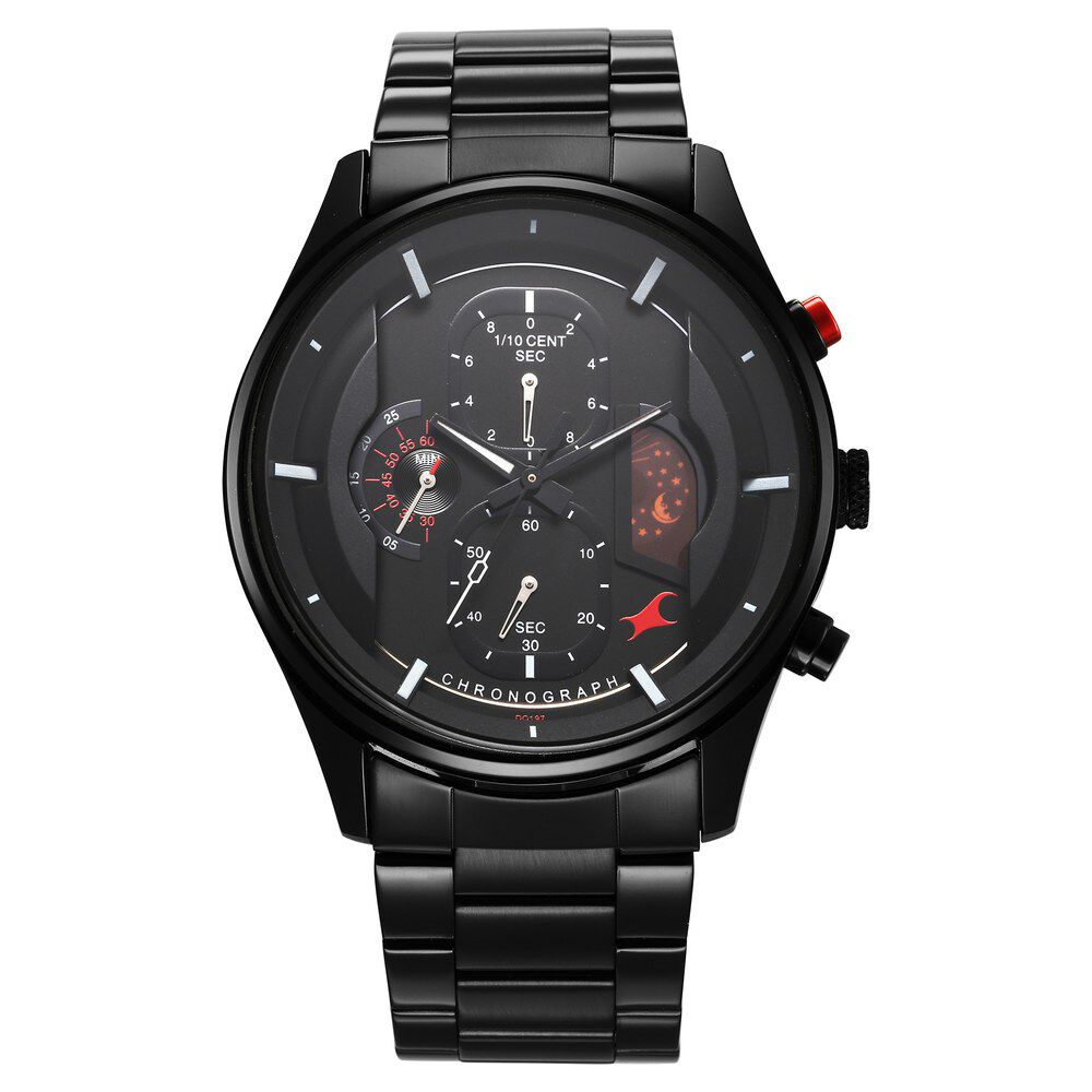 Fastrack Opulence Sun Moon Chronograph Black Dial Black Metal Strap Analog Quartz Watch For Guys 3315KM01
