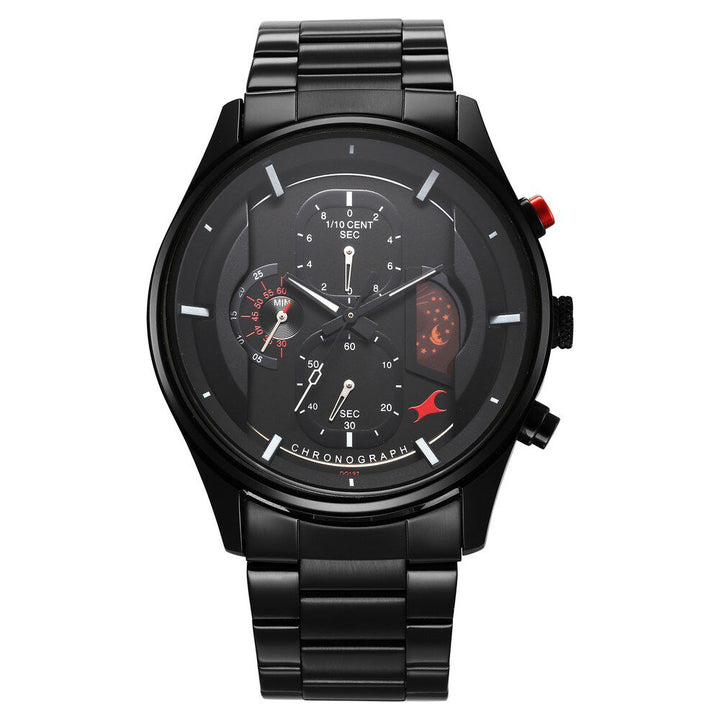 Fastrack Opulence Sun Moon Chronograph Black Dial Black Metal Strap Analog Quartz Watch For Guys 3315KM01