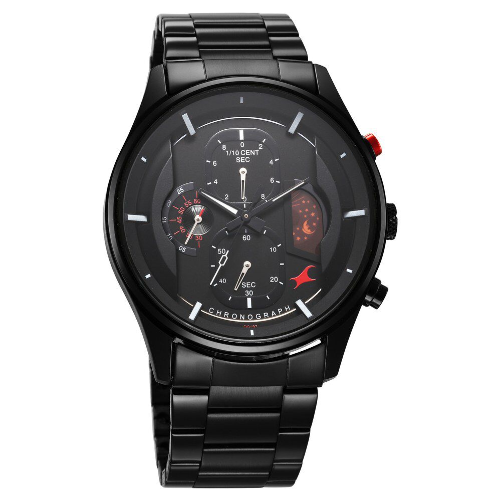 Fastrack Opulence Sun Moon Chronograph Black Dial Black Metal Strap Analog Quartz Watch For Guys 3315KM01