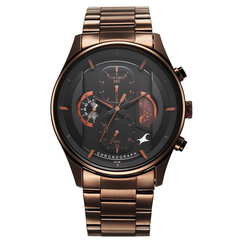 Fastrack Opulence Sun Moon Chronograph Black Dial Brown Metal Strap Analog Quartz Watch For Guys 3315KM02