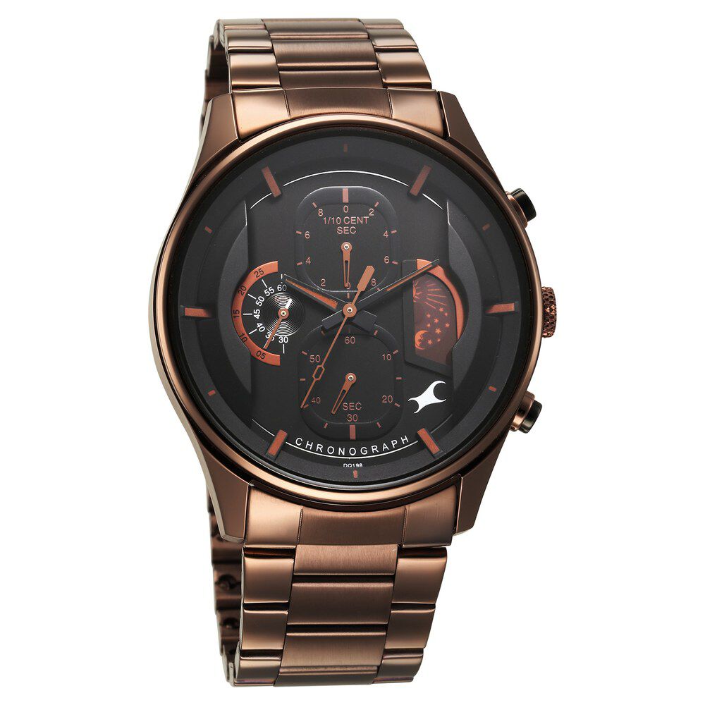 Fastrack Opulence Sun Moon Chronograph Black Dial Brown Metal Strap Analog Quartz Watch For Guys 3315KM02