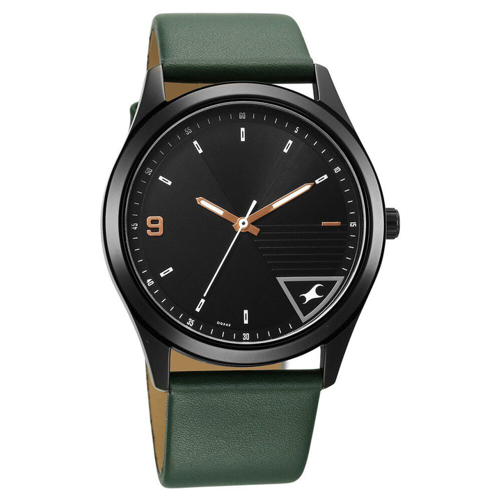 Fastrack Stunners Quartz Analog Black Dial Green Leather Strap Watch For Guys 3317NL01