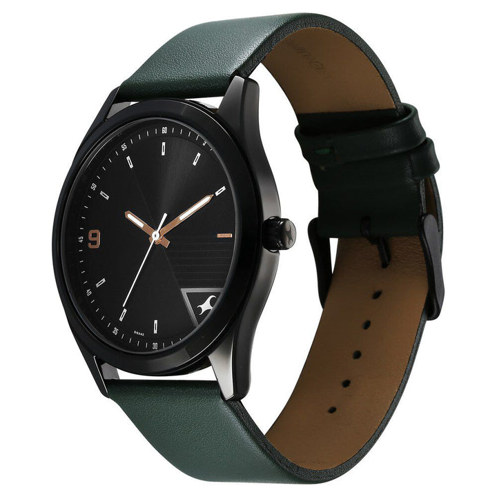 Fastrack Stunners Quartz Analog Black Dial Green Leather Strap Watch For Guys 3317NL01