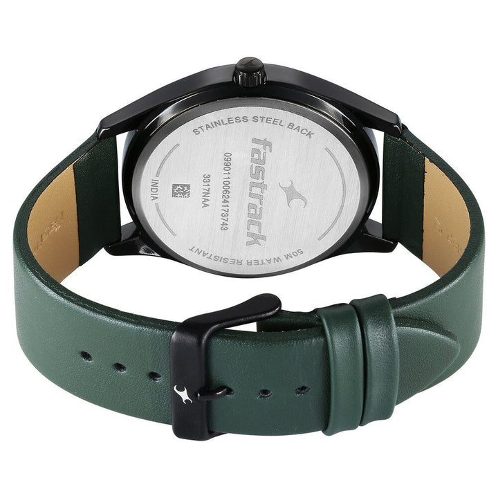 Fastrack Stunners Quartz Analog Black Dial Green Leather Strap Watch For Guys 3317NL01