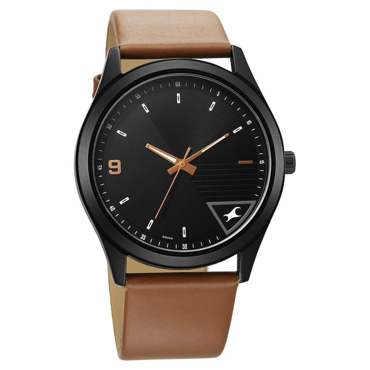 Fastrack Stunners Quartz Analog Black Dial Brown Leather Strap Watch For Guys 3317NL02