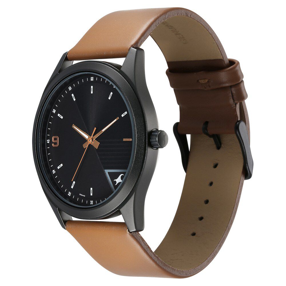Fastrack Stunners Quartz Analog Black Dial Brown Leather Strap Watch For Guys 3317NL02