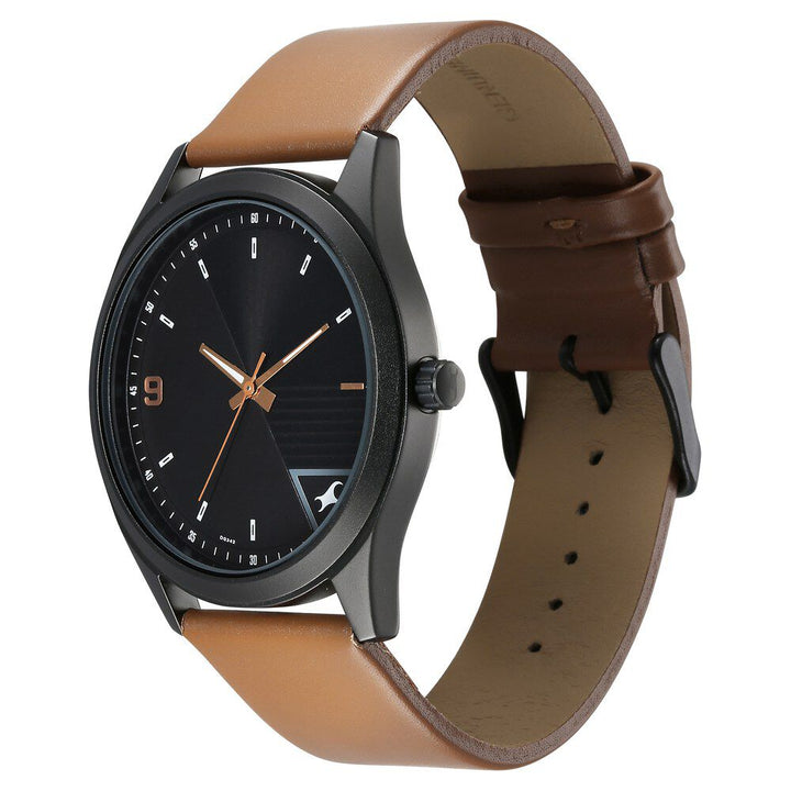 Fastrack Stunners Quartz Analog Black Dial Brown Leather Strap Watch For Guys 3317NL02