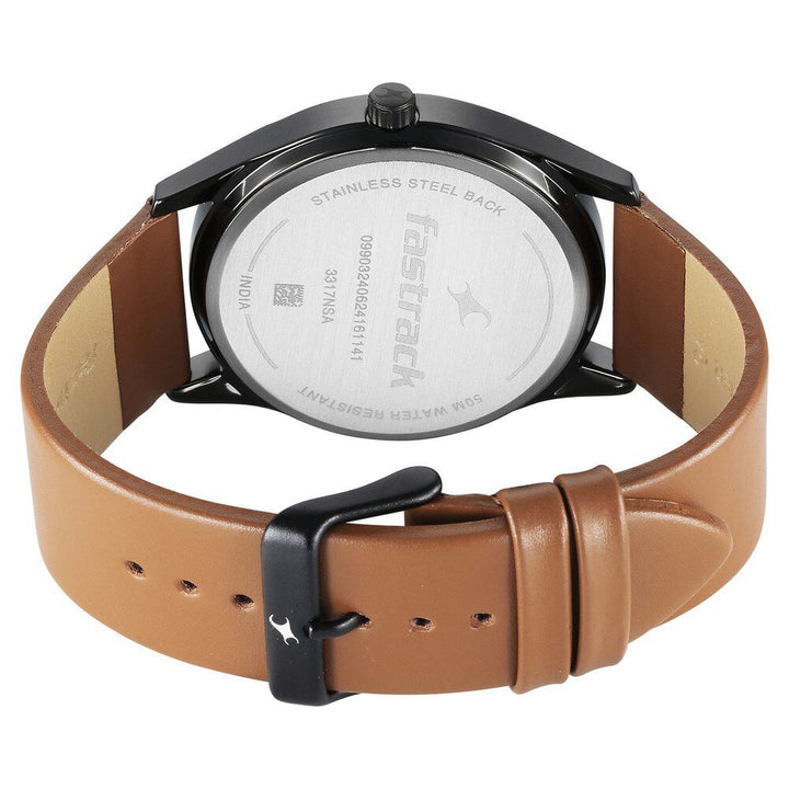 Fastrack Stunners Quartz Analog Black Dial Brown Leather Strap Watch For Guys 3317NL02
