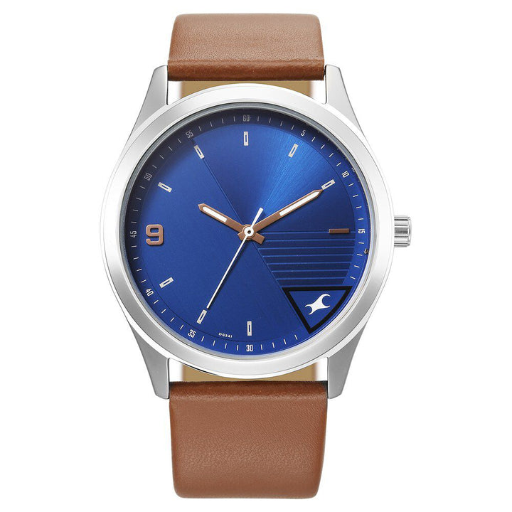 Fastrack Stunners Quartz Analog Blue Dial Brown Leather Strap Watch For Guys 3317SL01