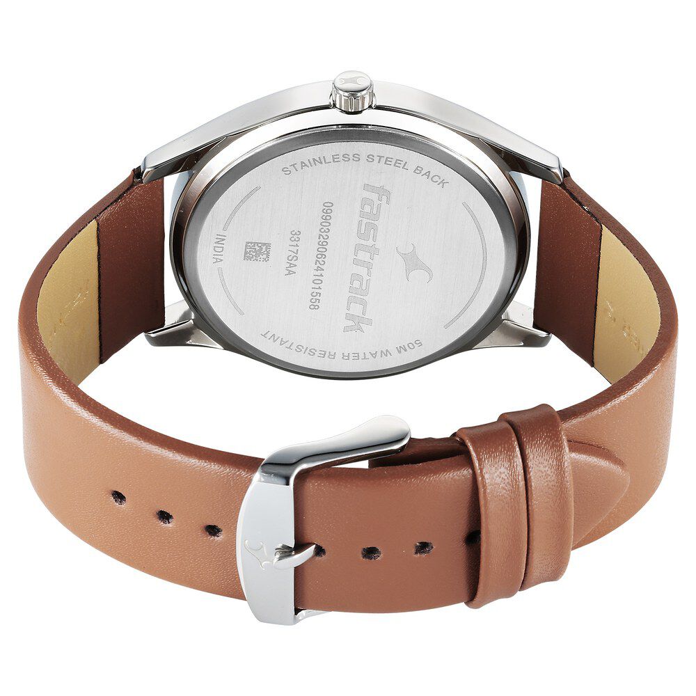 Fastrack Stunners Quartz Analog Blue Dial Brown Leather Strap Watch For Guys 3317SL01