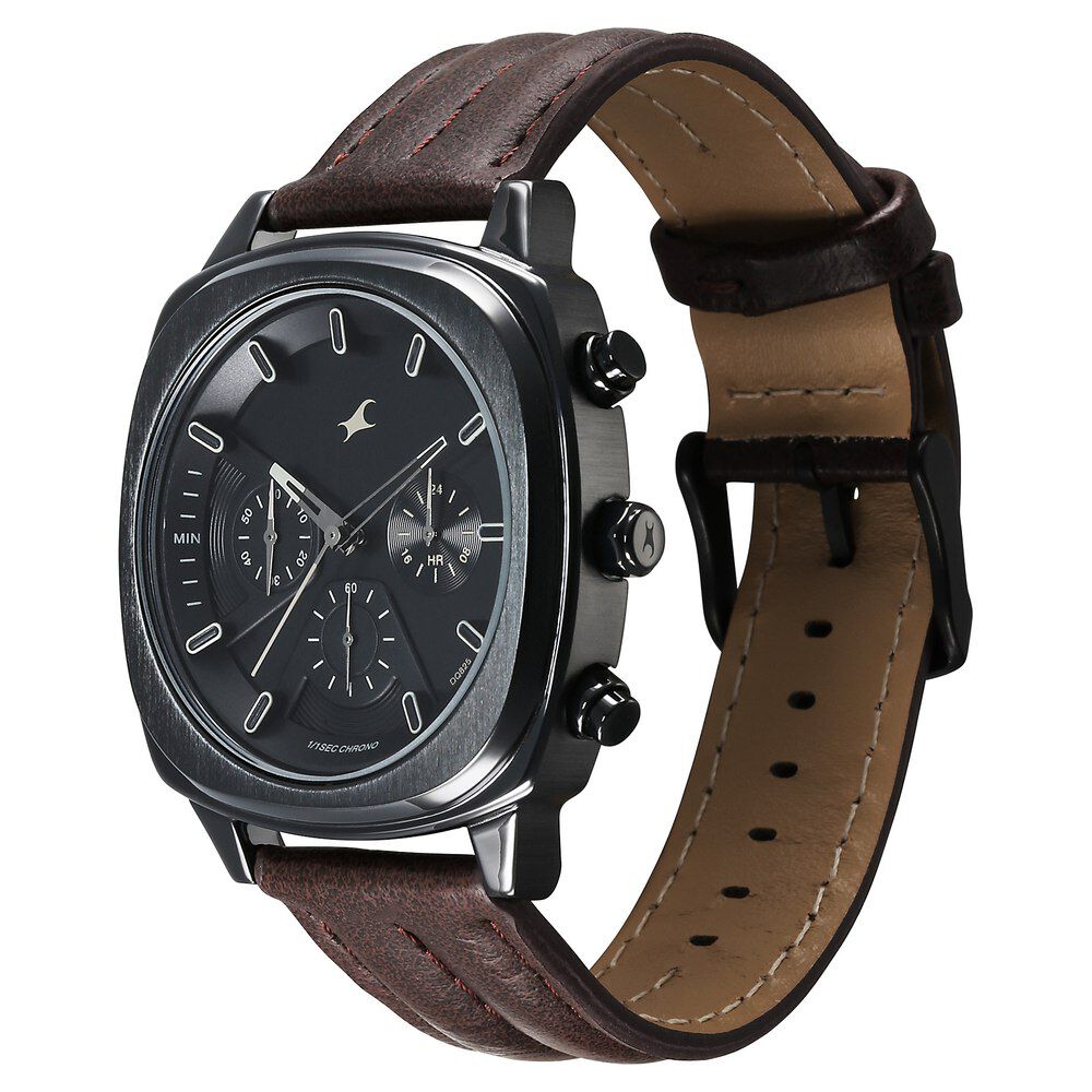 Fastrack Kronos Chronograph Black Dial Brown Leather Strap Watch For Guys 3319NL01