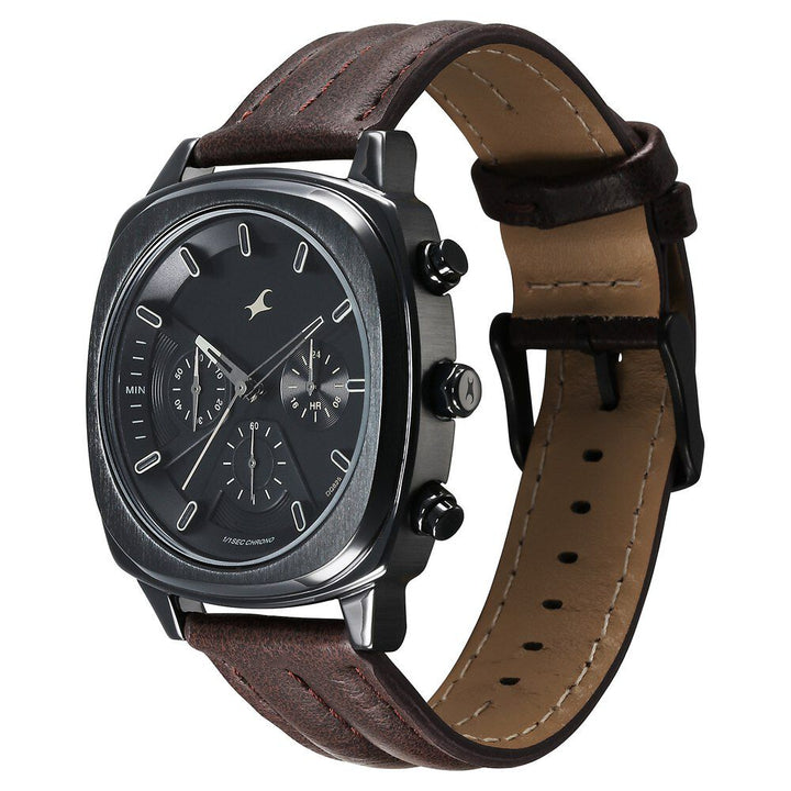 Fastrack Kronos Chronograph Black Dial Brown Leather Strap Watch For Guys 3319NL01