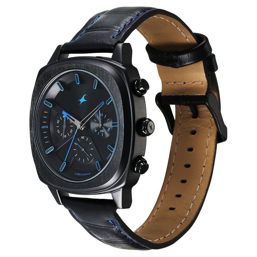 Fastrack Kronos Chronograph Black Dial Black Leather Strap Watch For Guys 3319NL02