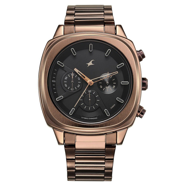 Fastrack Kronos Chronograph Black Dial Brown Stainless Steel Strap Watch For Guys 3319QM01