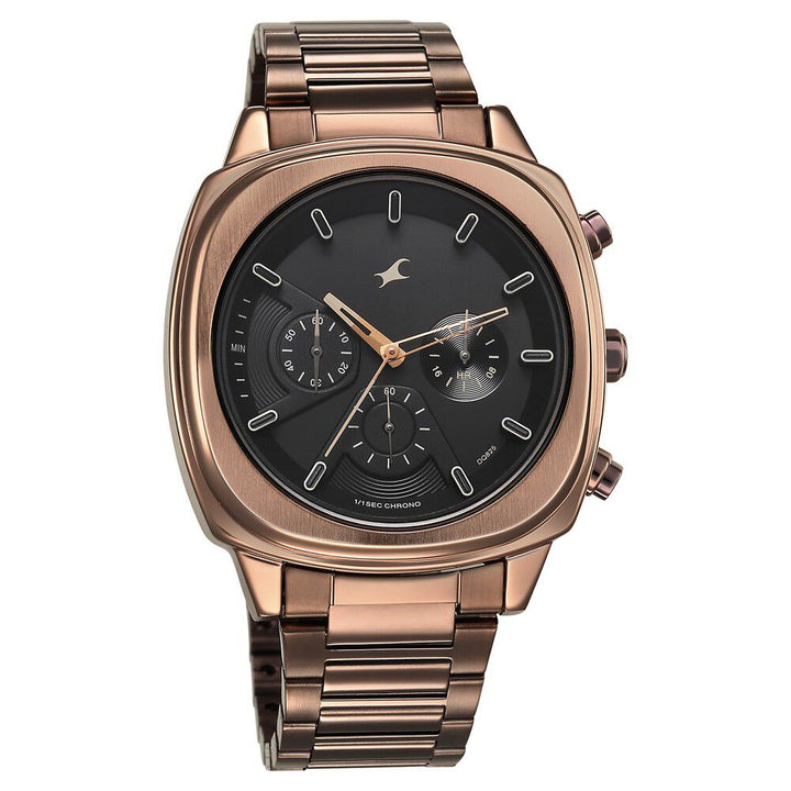 Fastrack Kronos Chronograph Black Dial Brown Stainless Steel Strap Watch For Guys 3319QM01