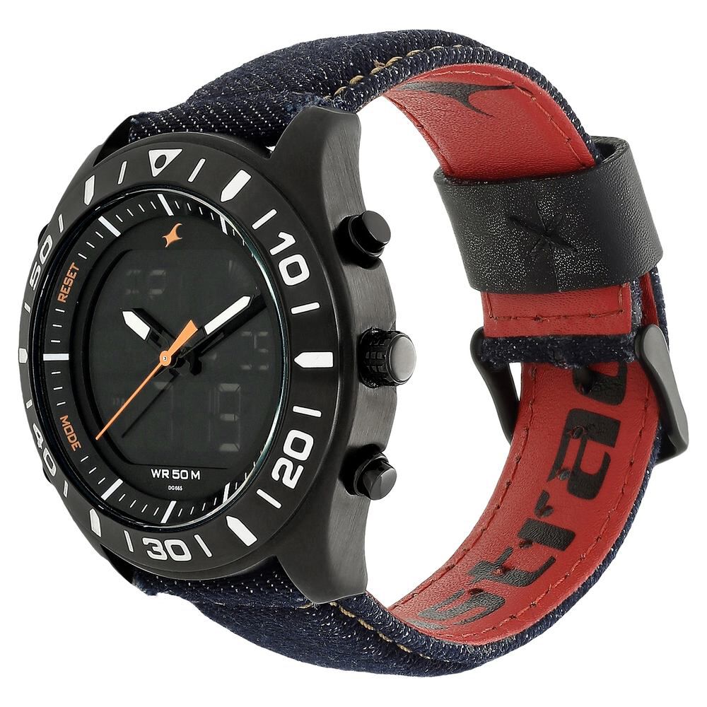 Fastrack Denim Quartz Analog Digital Black Dial Denim Strap Watch for Guys NP38034NL01
