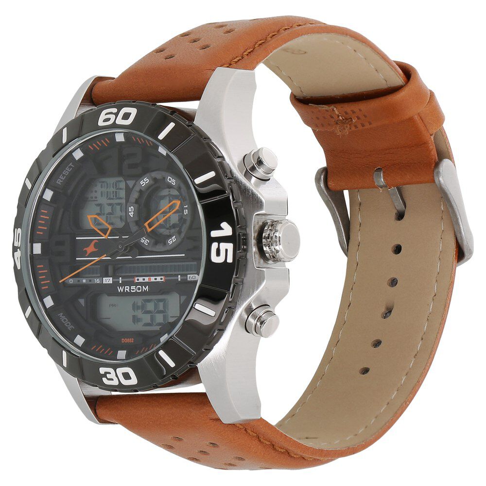 Fastrack Quartz Analog Digital Grey Dial Leather Strap Watch for Guys NS38035SL04