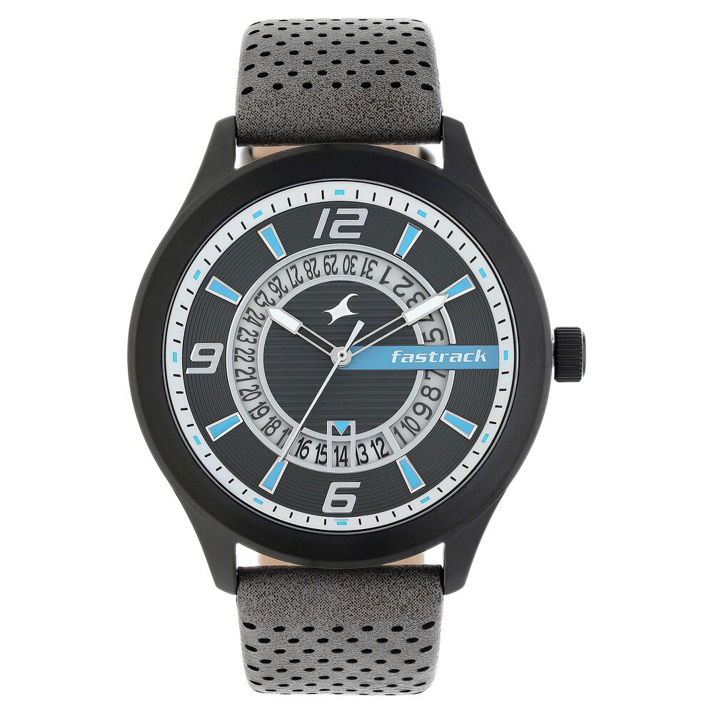 Fastrack Loopholes Quartz Analog with Date Black Dial Leather Strap Watch for Guys 38050NL01