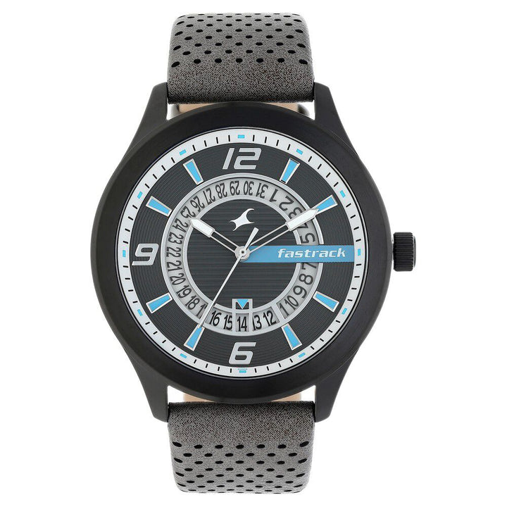 Fastrack Loopholes Quartz Analog with Date Black Dial Leather Strap Watch for Guys 38050NL01