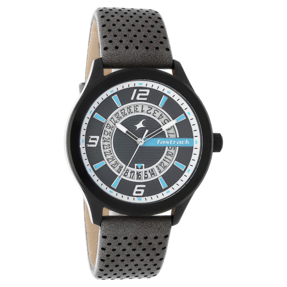 Fastrack Loopholes Quartz Analog with Date Black Dial Leather Strap Watch for Guys 38050NL01