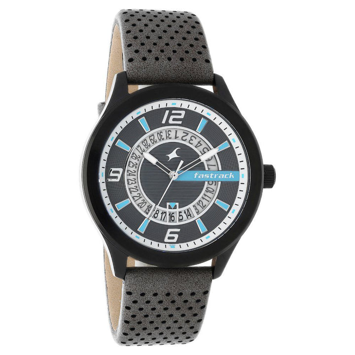 Fastrack Loopholes Quartz Analog with Date Black Dial Leather Strap Watch for Guys 38050NL01