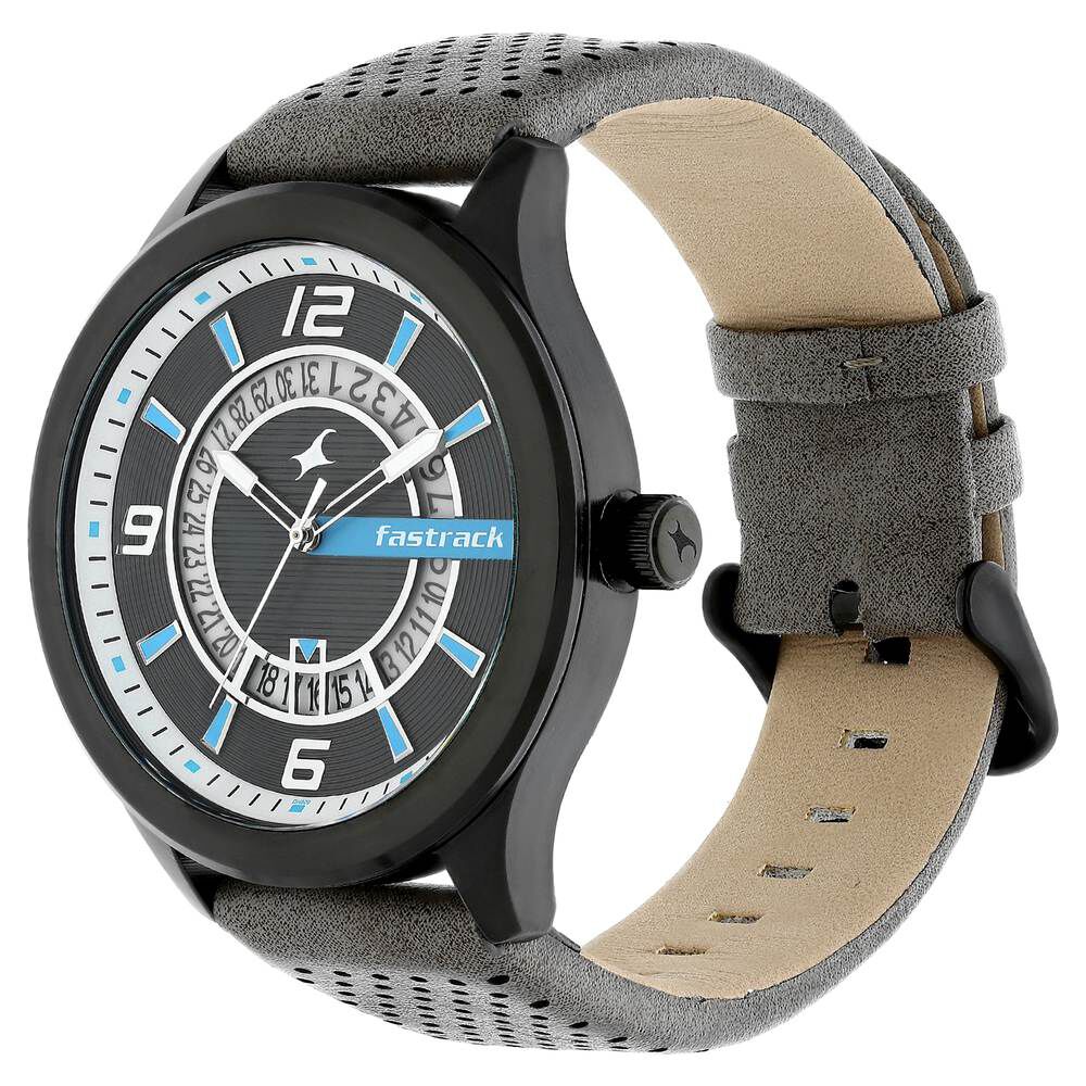 Fastrack Loopholes Quartz Analog with Date Black Dial Leather Strap Watch for Guys 38050NL01