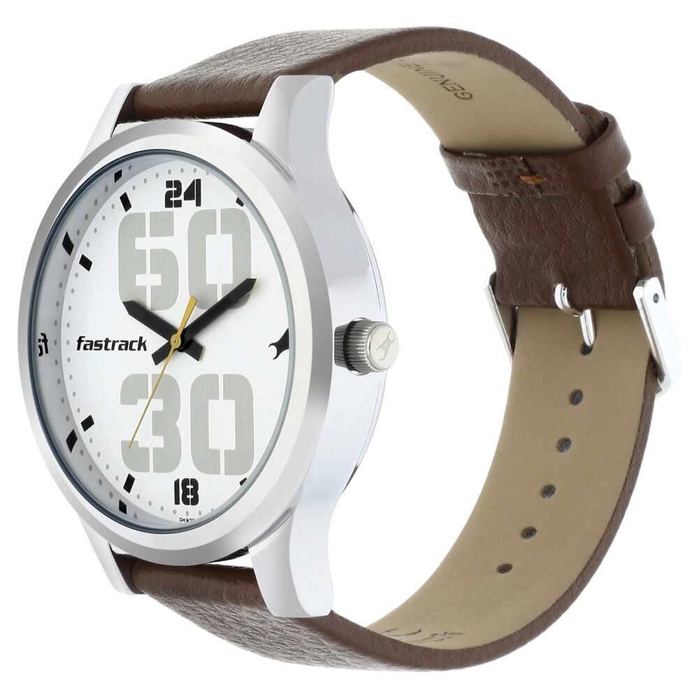 Fastrack Bold Quartz Analog White Dial Leather Strap Watch for Guys NS38051SL06