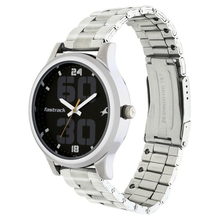 Fastrack Bold Quartz Analog Black Dial Stainless Steel Strap Watch for Guys NS38051SM07