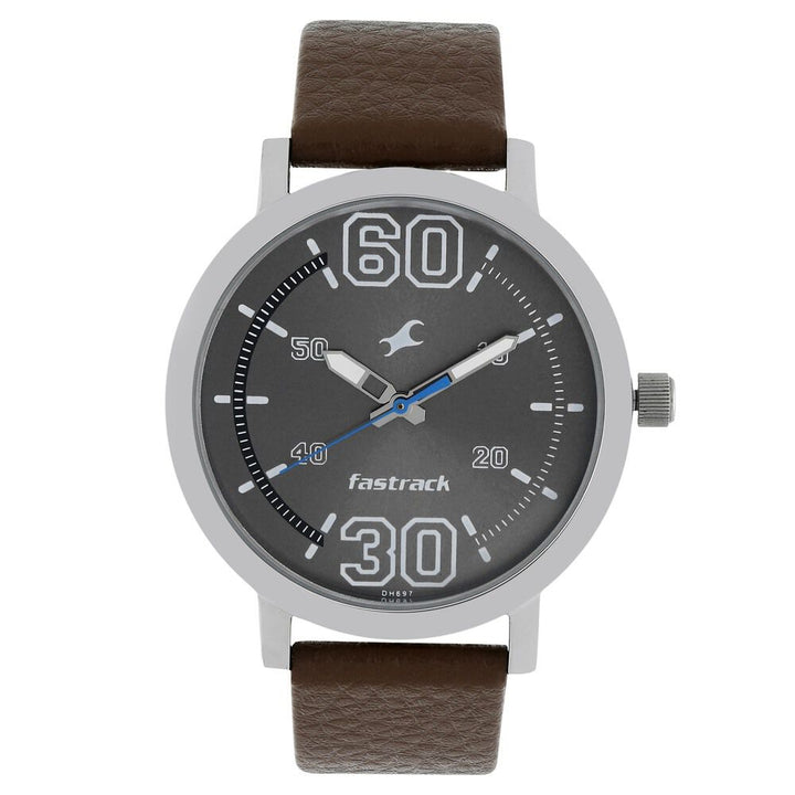 Fastrack Fundamentals Quartz Analog Grey Dial Leather Strap Watch for Guys NR38052SL03