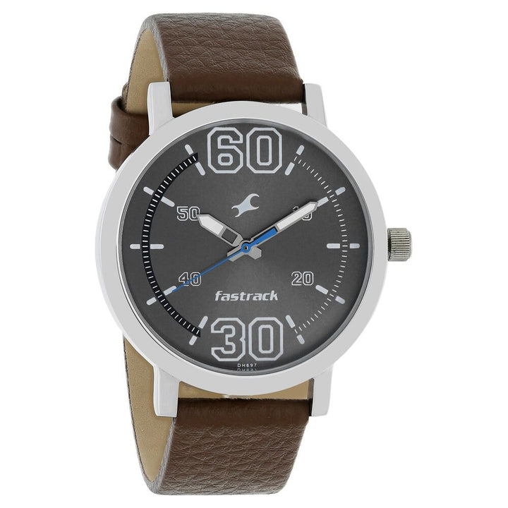 Fastrack Fundamentals Quartz Analog Grey Dial Leather Strap Watch for Guys NR38052SL03