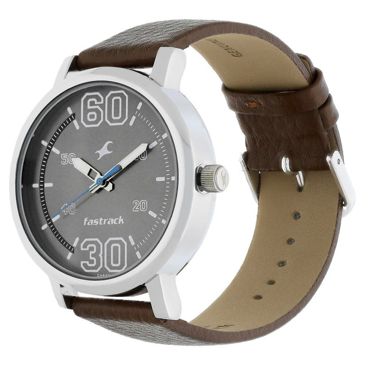 Fastrack Fundamentals Quartz Analog Grey Dial Leather Strap Watch for Guys NR38052SL03