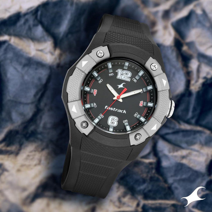 Fastrack Trendies Quartz Analog Black Dial Silicone Strap Watch for Guys NR38057PP02