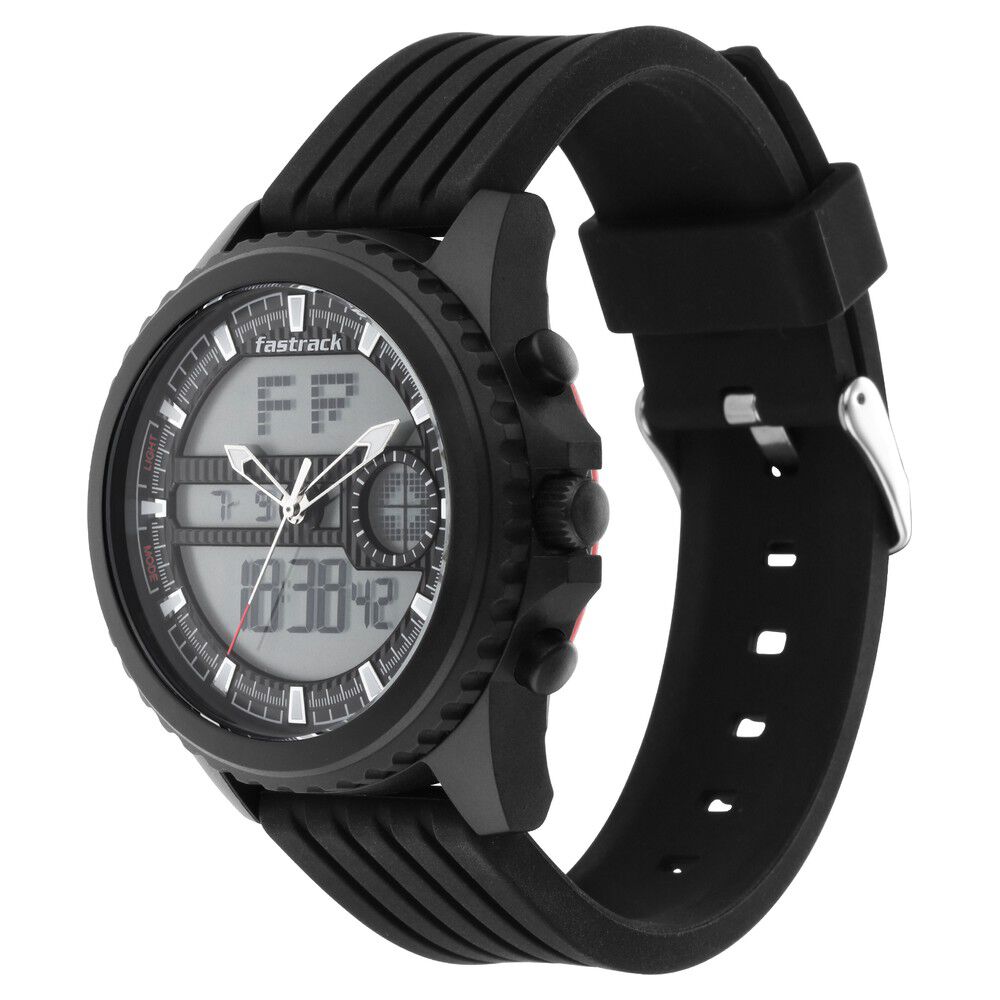 Fastrack Streetwear Quartz Analog Digital Black Dial PU Strap Watch for Guys NS38064PP01