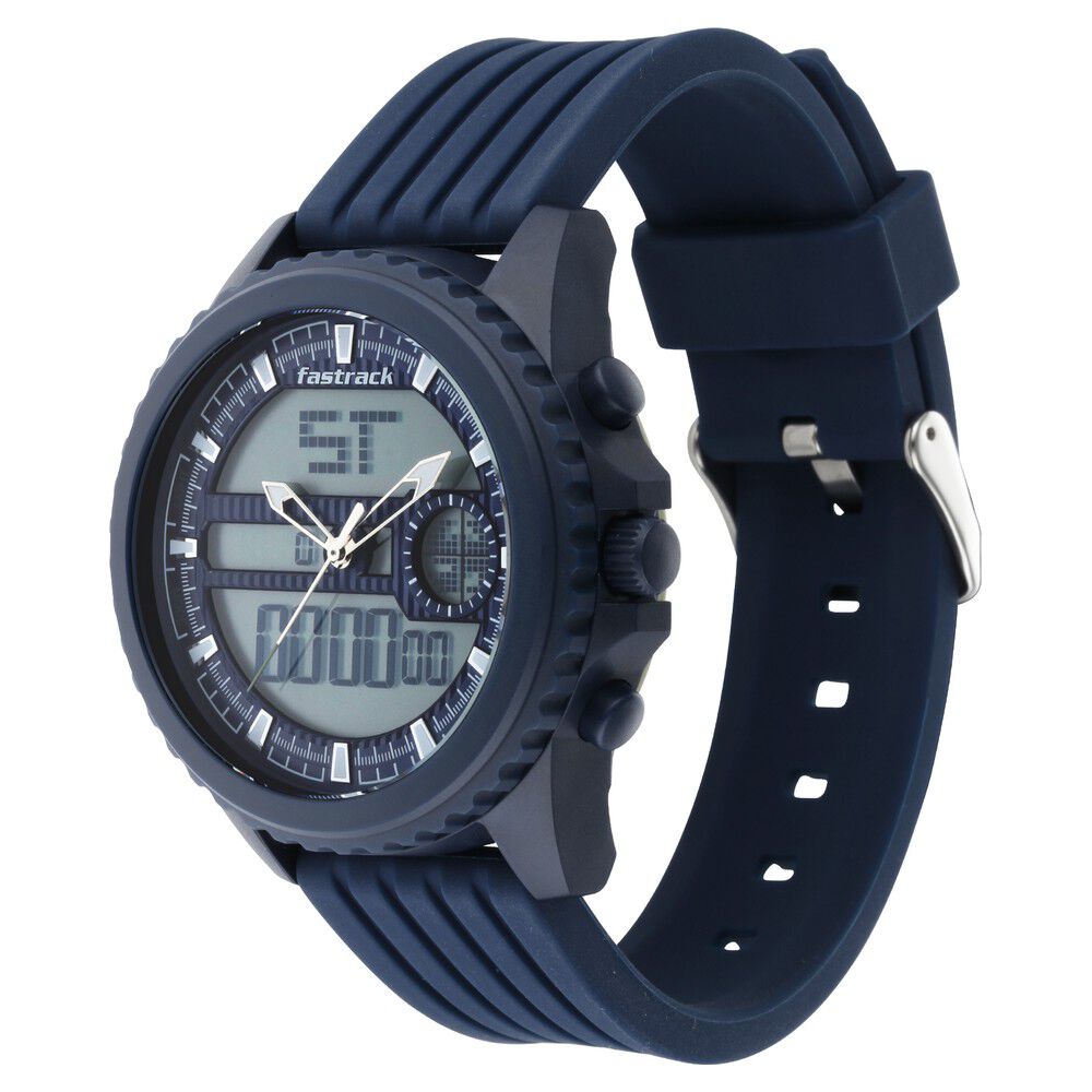 Fastrack Streetwear Quartz Analog Digital Blue Dial PU Strap Watch for Guys NR38064PP03