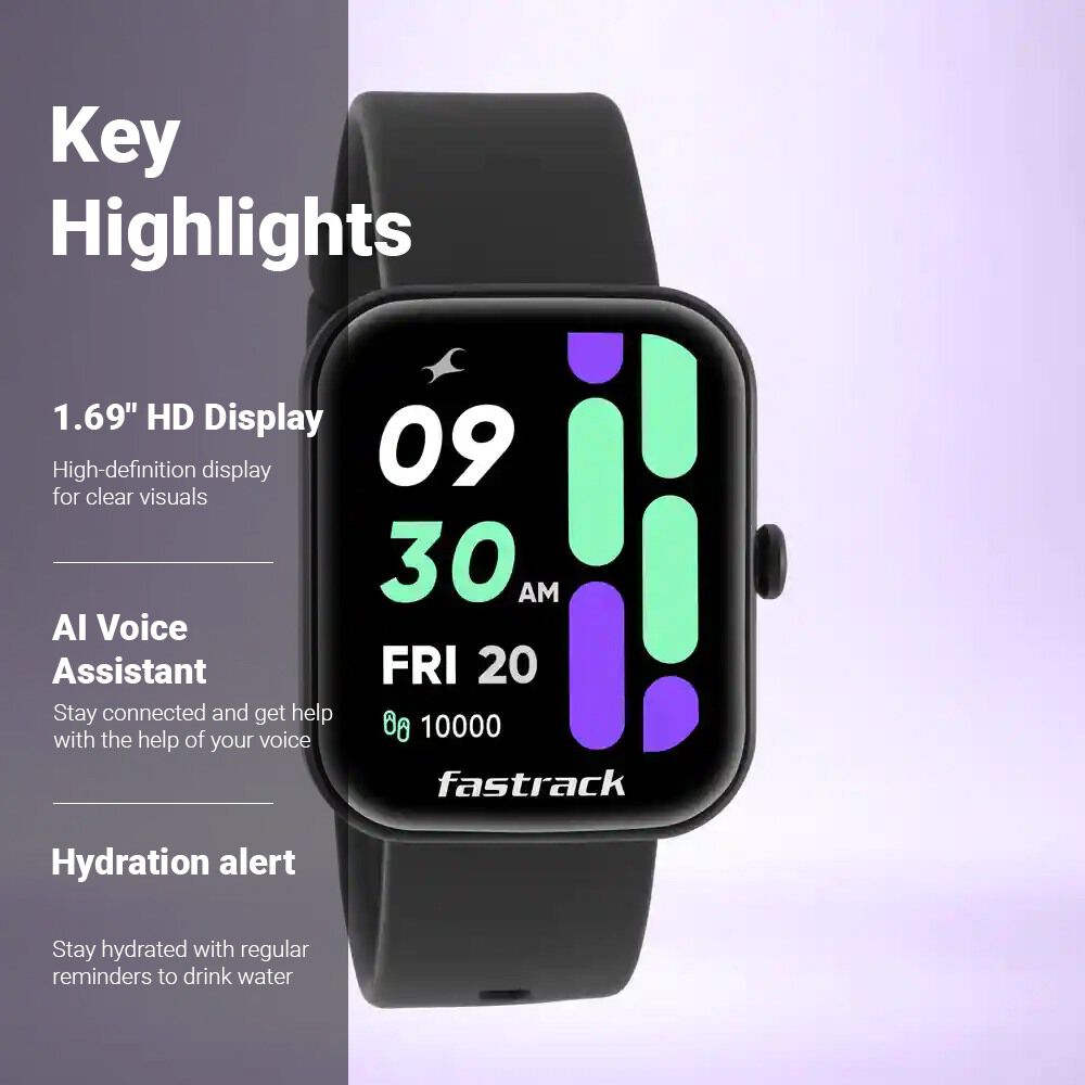 Fastrack Reflex Hello- Smart Watch with Silicone Black Strap, Health Suite, BT Calling, & Period Tracker 38079PP01