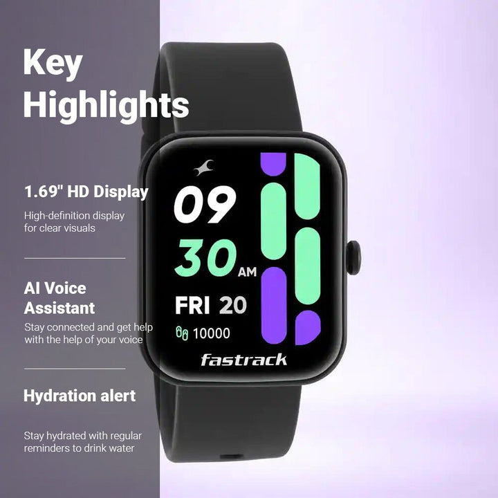 Fastrack Reflex Hello- Smart Watch with Silicone Black Strap, Health Suite, BT Calling, & Period Tracker 38079PP01